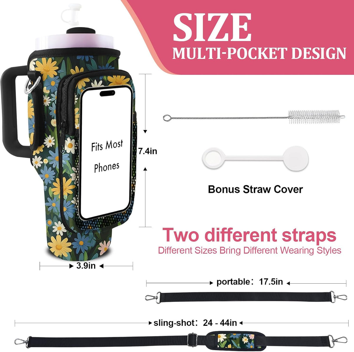 Stanley Carrier Bag for Stanley 40oz/30ozTumbler with Phone with 2 Adjustable Strap,3 Pockets Bottle Stanley Cup Carrier Bag & Case,Accessories for Hiking Travelling