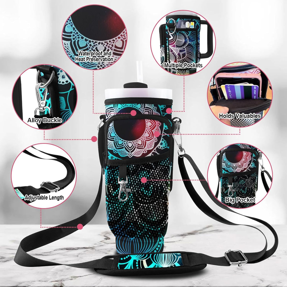 Stanley Carrier Bag for Stanley 40oz/30ozTumbler with Phone with 2 Adjustable Strap,3 Pockets Bottle Stanley Cup Carrier Bag & Case,Accessories for Hiking Travelling