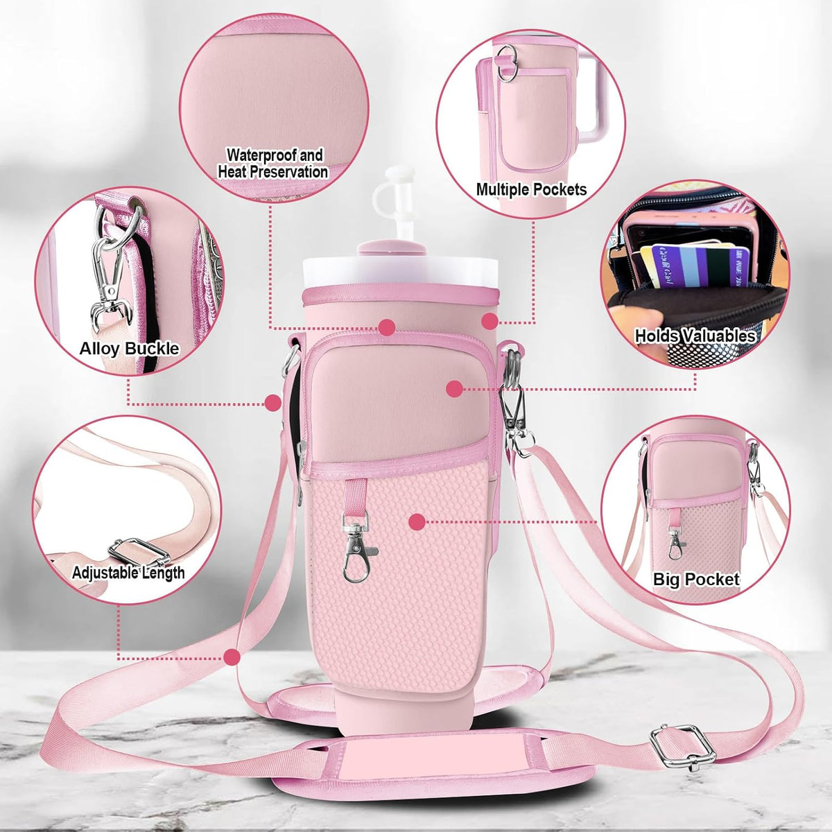Stanley Carrier Bag for Stanley 40oz/30ozTumbler with Phone with 2 Adjustable Strap,3 Pockets Bottle Stanley Cup Carrier Bag & Case,Accessories for Hiking Travelling