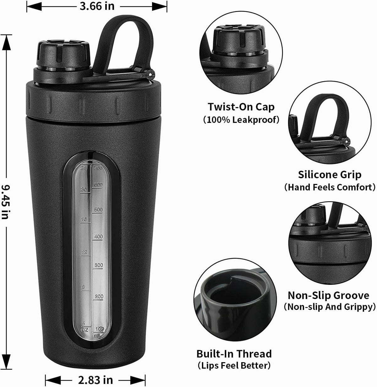TOOFEEL Shaker Bottles for Protein Mixes 28 oz Stainless Steel Protein Shaker with 2 Mixing Ball, Not Stays Cold/Hot, Visible Window Metal Shaker Cups, Leakproof, BPA Free Bottle Shaker