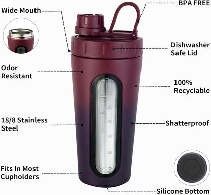 TOOFEEL Shaker Bottles for Protein Mixes 28 oz Stainless Steel Protein Shaker with 2 Mixing Ball, Not Stays Cold/Hot, Visible Window Metal Shaker Cups, Leakproof, BPA Free Bottle Shaker