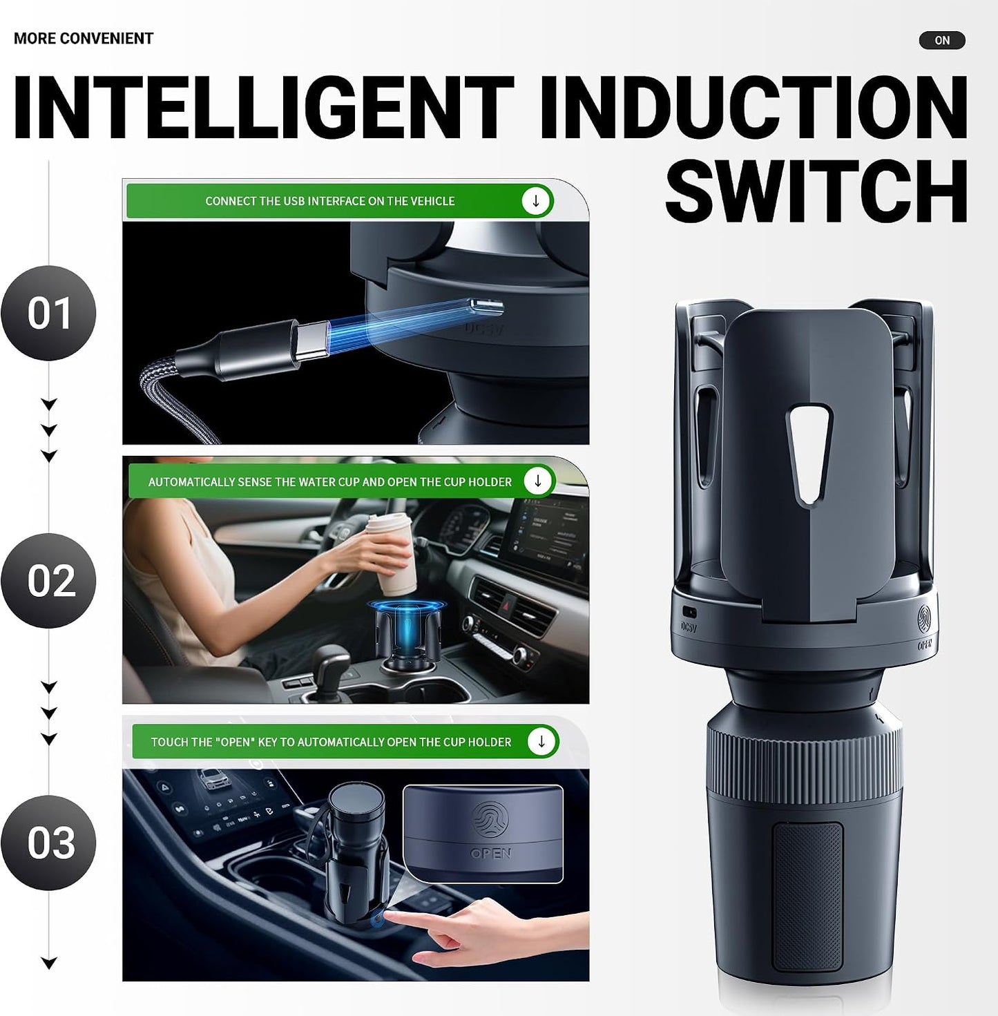 Intelligent Car Cup Holder Expander, Automatic Adjustable, Fits 2.76-4.82in for Coffee Mugs & Large Water Bottles & Travel Tumbler，Auto Cup Holder with Adjustable Insert Accessories