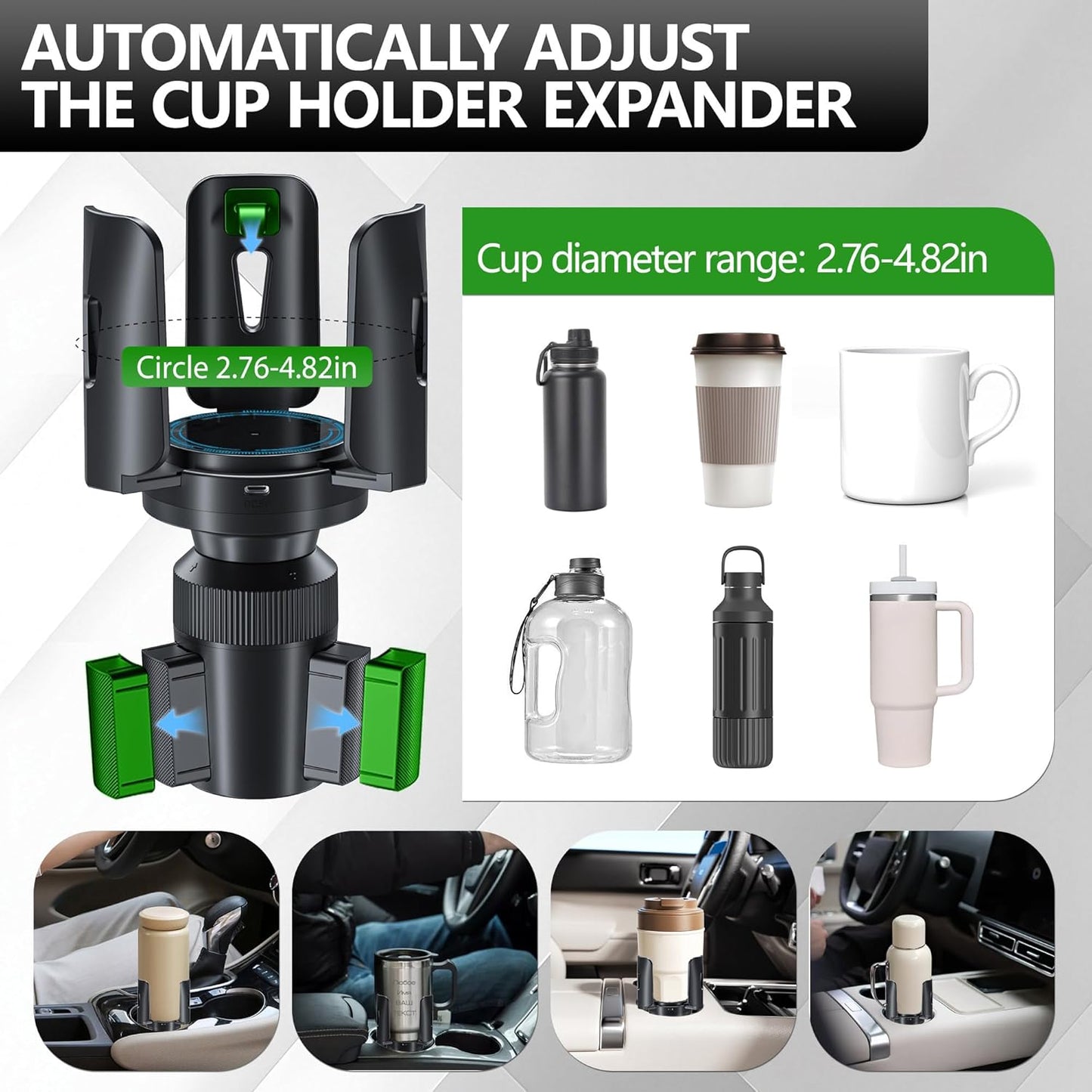 Intelligent Car Cup Holder Expander, Automatic Adjustable, Fits 2.76-4.82in for Coffee Mugs & Large Water Bottles & Travel Tumbler，Auto Cup Holder with Adjustable Insert Accessories