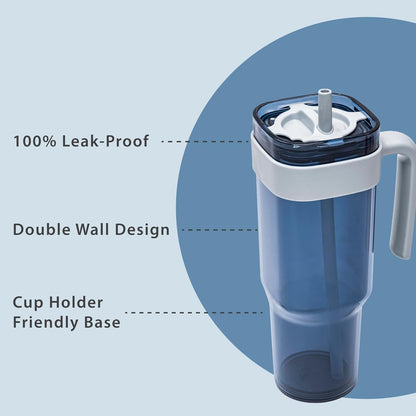34oz Leakproof Straw Tumbler with Lid and Straw Double Wall Slim Coffee Cup Reusable BPA Free Plastic Travel Mug Integrated Handle Dishwasher Safe