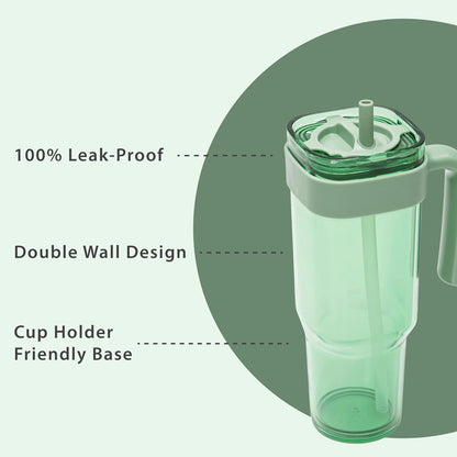 34oz Leakproof Straw Tumbler with Lid and Straw Double Wall Slim Coffee Cup Reusable BPA Free Plastic Travel Mug Integrated Handle Dishwasher Safe