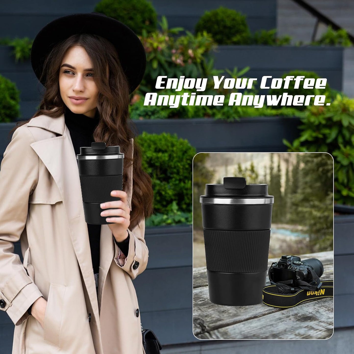 Vacuum Insulated Stainless Steel Travel Coffee Mug,Leak Proof Cup with Lid | 304 stainless steel mug with vacuum insulation, leak proof lid, silicone grip and car cup holder friendly design