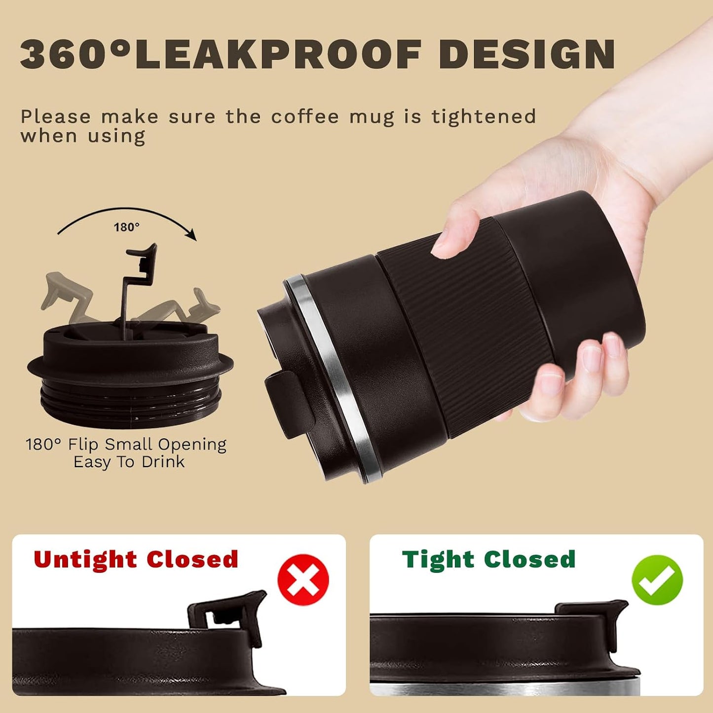 Vacuum Insulated Stainless Steel Travel Coffee Mug,Leak Proof Cup with Lid | 304 stainless steel mug with vacuum insulation, leak proof lid, silicone grip and car cup holder friendly design