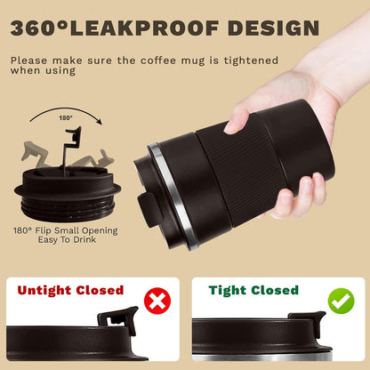 Vacuum Insulated Stainless Steel Travel Coffee Mug,Leak Proof Cup with Lid | 304 stainless steel mug with vacuum insulation, leak proof lid, silicone grip and car cup holder friendly design