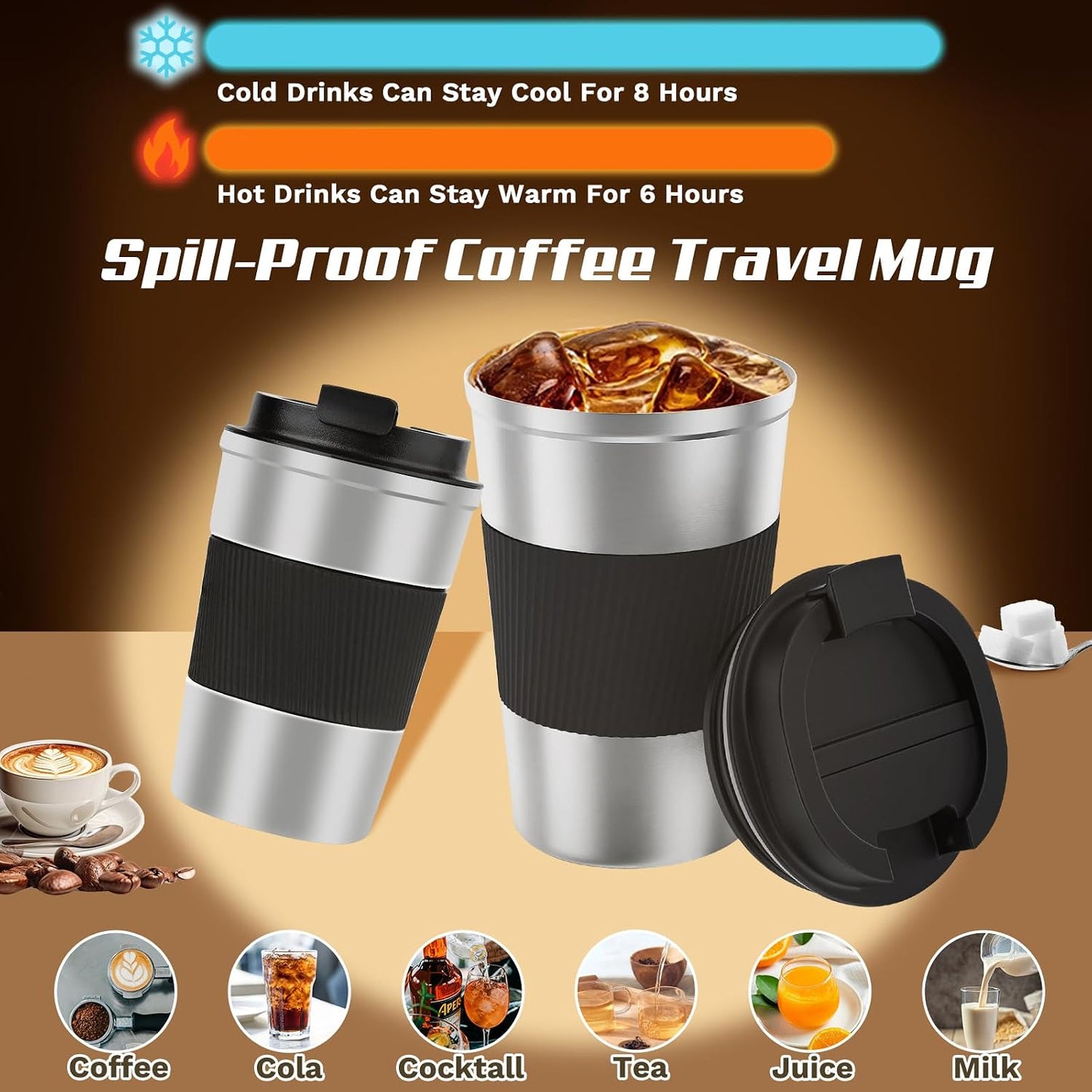 Vacuum Insulated Stainless Steel Travel Coffee Mug,Leak Proof Cup with Lid | 304 stainless steel mug with vacuum insulation, leak proof lid, silicone grip and car cup holder friendly design