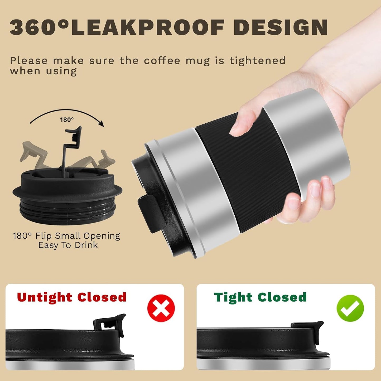Vacuum Insulated Stainless Steel Travel Coffee Mug,Leak Proof Cup with Lid | 304 stainless steel mug with vacuum insulation, leak proof lid, silicone grip and car cup holder friendly design