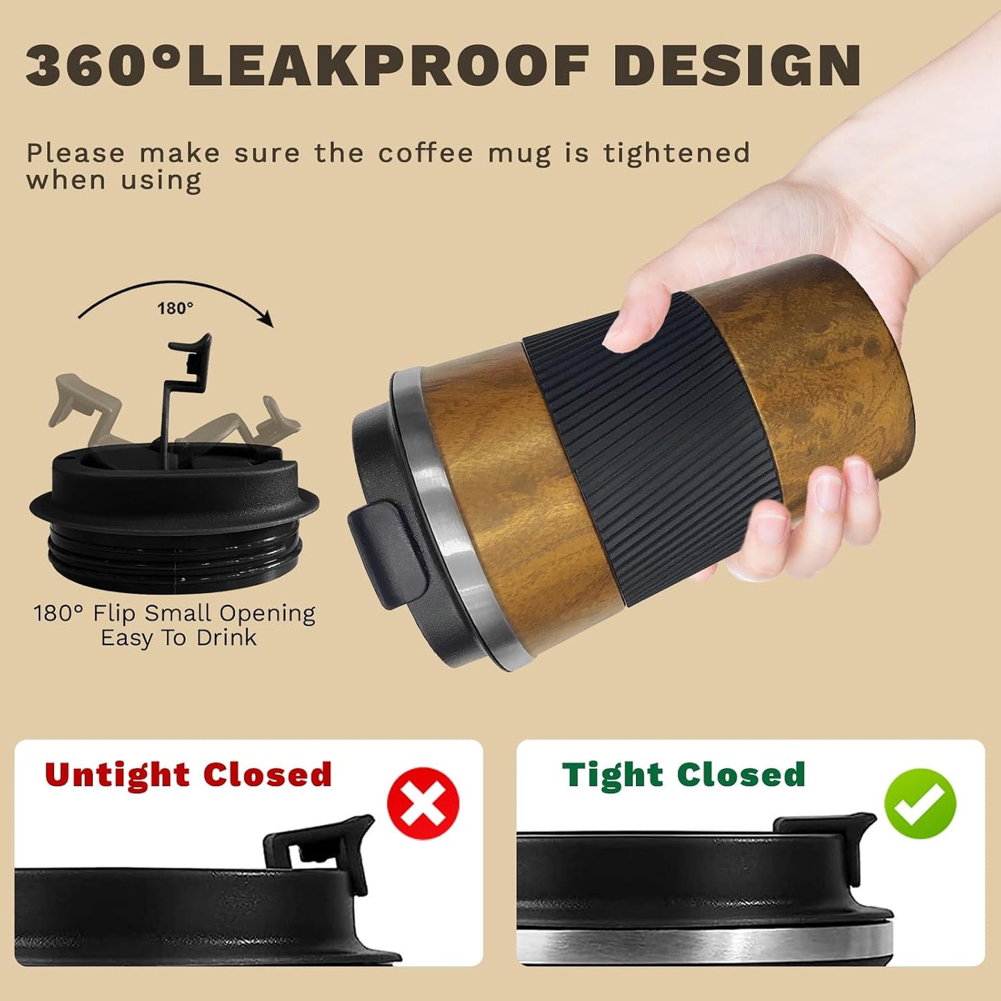 Vacuum Insulated Stainless Steel Travel Coffee Mug,Leak Proof Cup with Lid | 304 stainless steel mug with vacuum insulation, leak proof lid, silicone grip and car cup holder friendly design