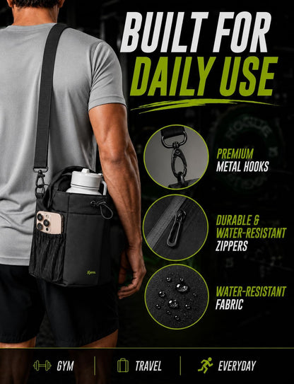 . Magnetic Gym Bag & Water Bottle Holder with N52 Magnets Crossbody Sling for Men Women Fits Hydro Flask Yeti Owal Small Gym Bag AirTag Phone Key Storage Bonus Wet Gear Pouch Workout Travel Gift