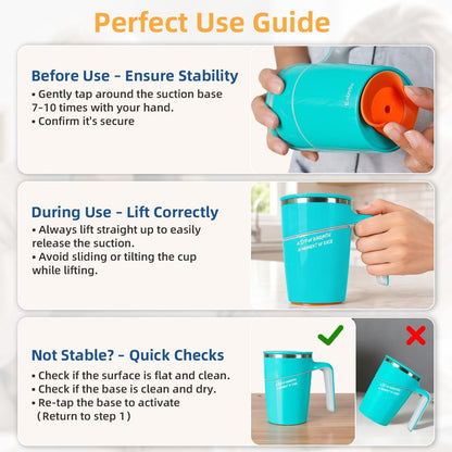 Anti-Impact No-Tip Desk Mug, 470ml / 15.9oz Stainless Steel Vacuum Insulated Mug with Handle, Smart Suction Base, Non-Slip & Knock Proof, Helps Prevent Desk Spills for Coffee, Tea, Kids & Pets (Black)