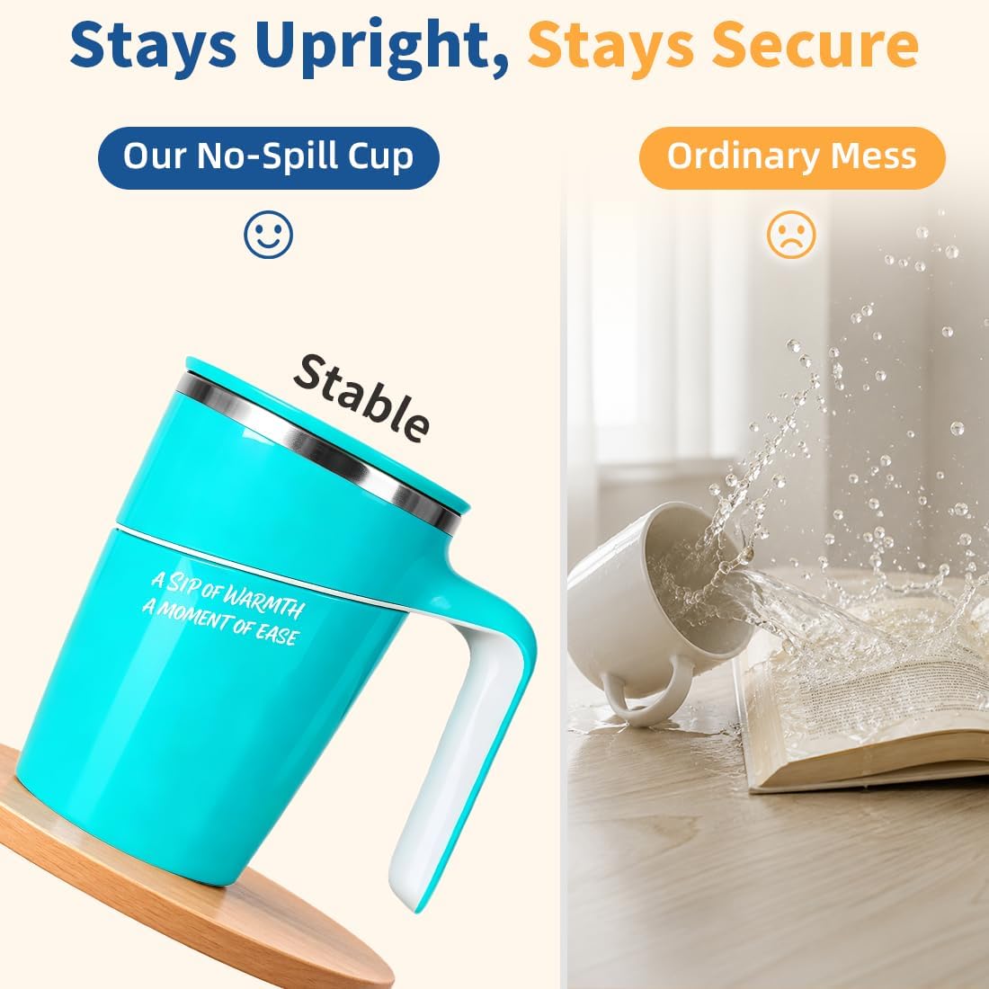 Anti-Impact No-Tip Desk Mug, 470ml / 15.9oz Stainless Steel Vacuum Insulated Mug with Handle, Smart Suction Base, Non-Slip & Knock Proof, Helps Prevent Desk Spills for Coffee, Tea, Kids & Pets (Black)