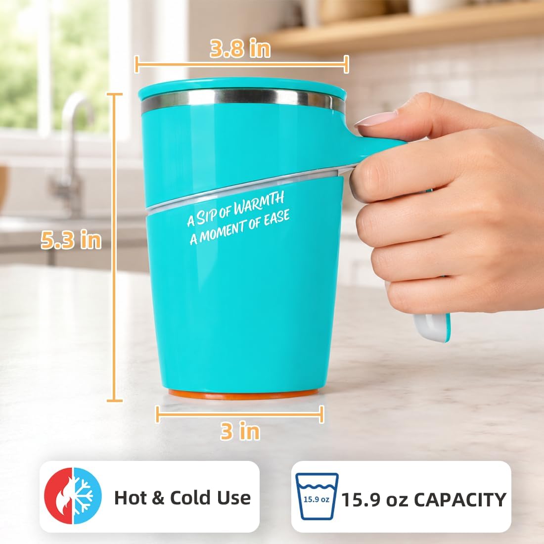 Anti-Impact No-Tip Desk Mug, 470ml / 15.9oz Stainless Steel Vacuum Insulated Mug with Handle, Smart Suction Base, Non-Slip & Knock Proof, Helps Prevent Desk Spills for Coffee, Tea, Kids & Pets (Black)