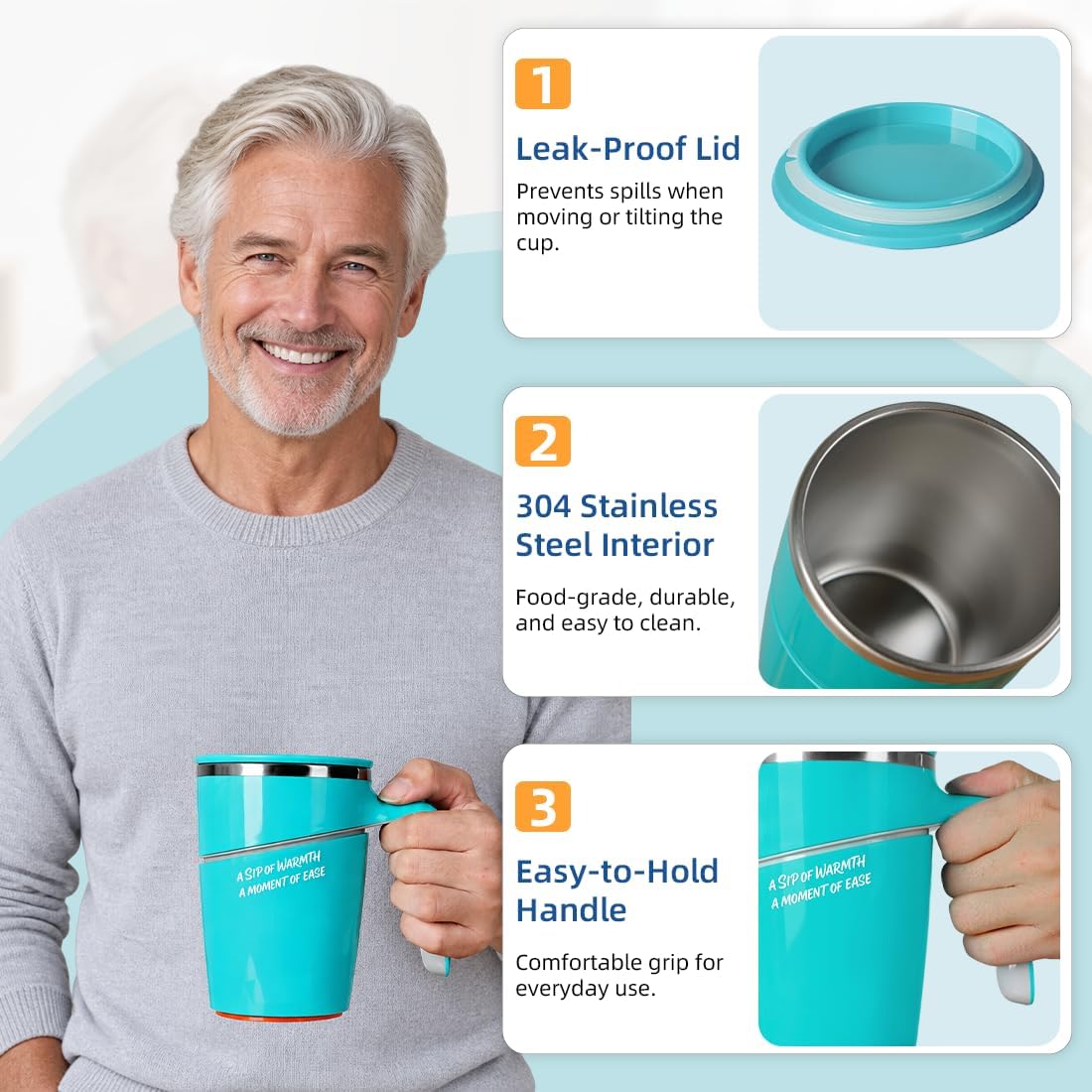 Anti-Impact No-Tip Desk Mug, 470ml / 15.9oz Stainless Steel Vacuum Insulated Mug with Handle, Smart Suction Base, Non-Slip & Knock Proof, Helps Prevent Desk Spills for Coffee, Tea, Kids & Pets (Black)