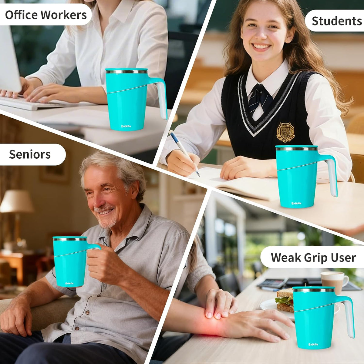 Anti-Impact No-Tip Desk Mug, 470ml / 15.9oz Stainless Steel Vacuum Insulated Mug with Handle, Smart Suction Base, Non-Slip & Knock Proof, Helps Prevent Desk Spills for Coffee, Tea, Kids & Pets (Black)