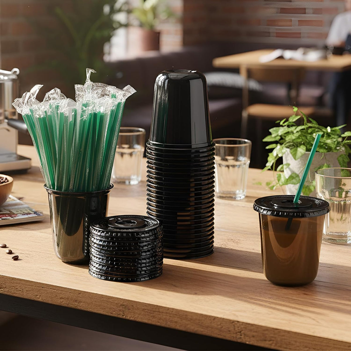 25 Set Disposable Iced Plastic Cups with Lids Straws,Clear,16 Oz