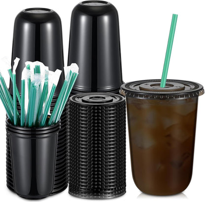 25 Set Disposable Iced Plastic Cups with Lids Straws,Clear,16 Oz
