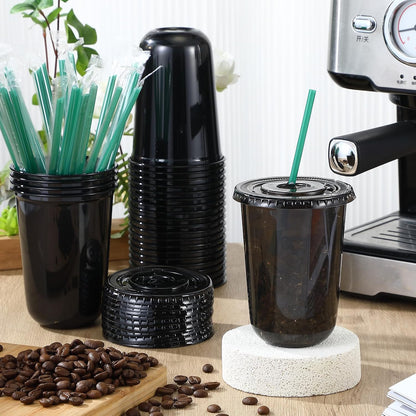 25 Set Disposable Iced Plastic Cups with Lids Straws,Clear,16 Oz