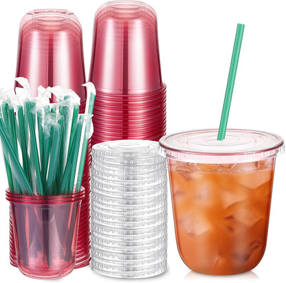 25 Set Disposable Iced Plastic Cups with Lids Straws,Clear,16 Oz