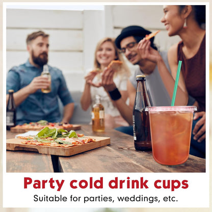 25 Set Disposable Iced Plastic Cups with Lids Straws,Clear,16 Oz