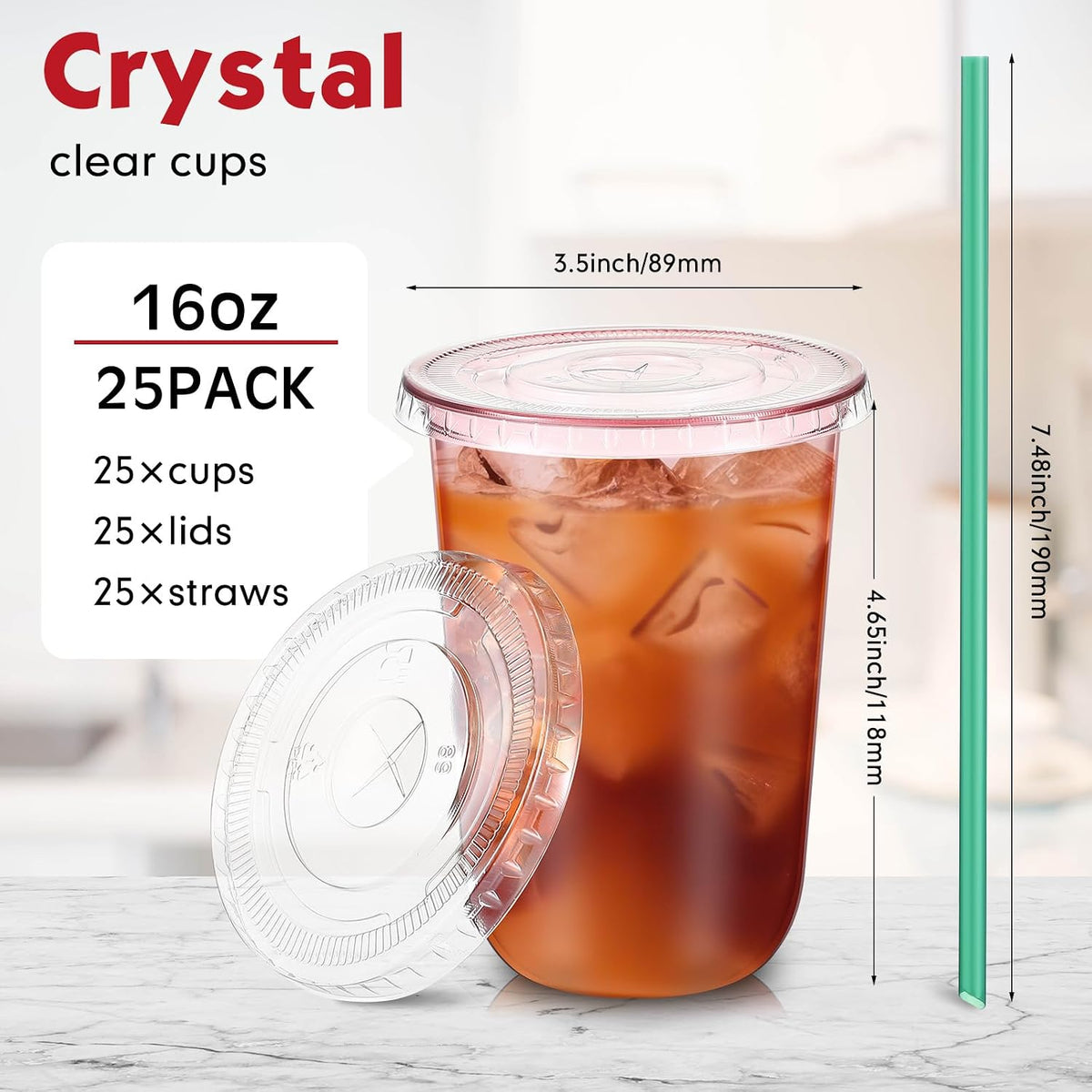25 Set Disposable Iced Plastic Cups with Lids Straws,Clear,16 Oz