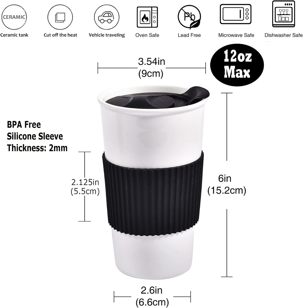 Ceramic Travel Mug, 12oz Unique To Go Coffee Mugs with Splash Resistant Lid and Color Box, Reusable Double Wall Black Mug Porcelain Coffee Cup, Gifts for Women Men Her Him, Black