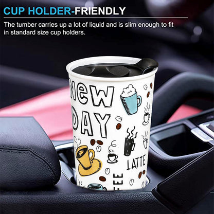 Ceramic Travel Mug, 12oz Unique To Go Coffee Mugs with Splash Resistant Lid and Color Box, Reusable Double Wall Black Mug Porcelain Coffee Cup, Gifts for Women Men Her Him, Black