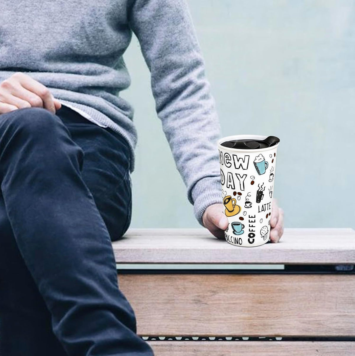 Ceramic Travel Mug, 12oz Unique To Go Coffee Mugs with Splash Resistant Lid and Color Box, Reusable Double Wall Black Mug Porcelain Coffee Cup, Gifts for Women Men Her Him, Black