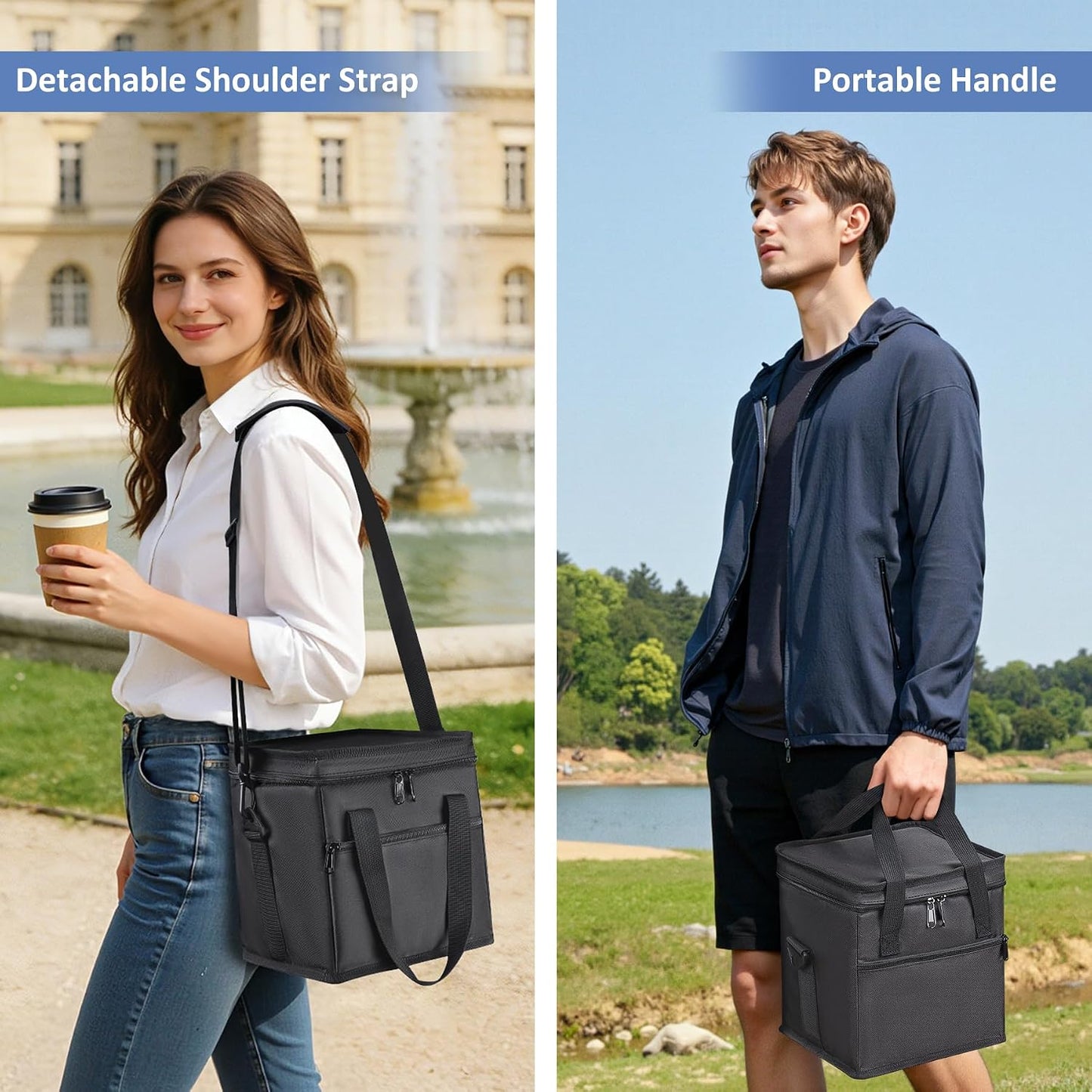 Drink Carrier with Handle for Car, 8.94"L x 8.27"W x 9.49"H, Black | Great for Car/Camping/Commuter Lunches, Customizable Anti-Tip Bottle Caddy, with Two Side Pockets