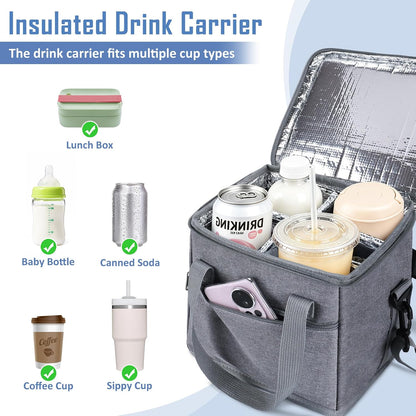Drink Carrier with Handle for Car, 8.94"L x 8.27"W x 9.49"H, Black | Great for Car/Camping/Commuter Lunches, Customizable Anti-Tip Bottle Caddy, with Two Side Pockets