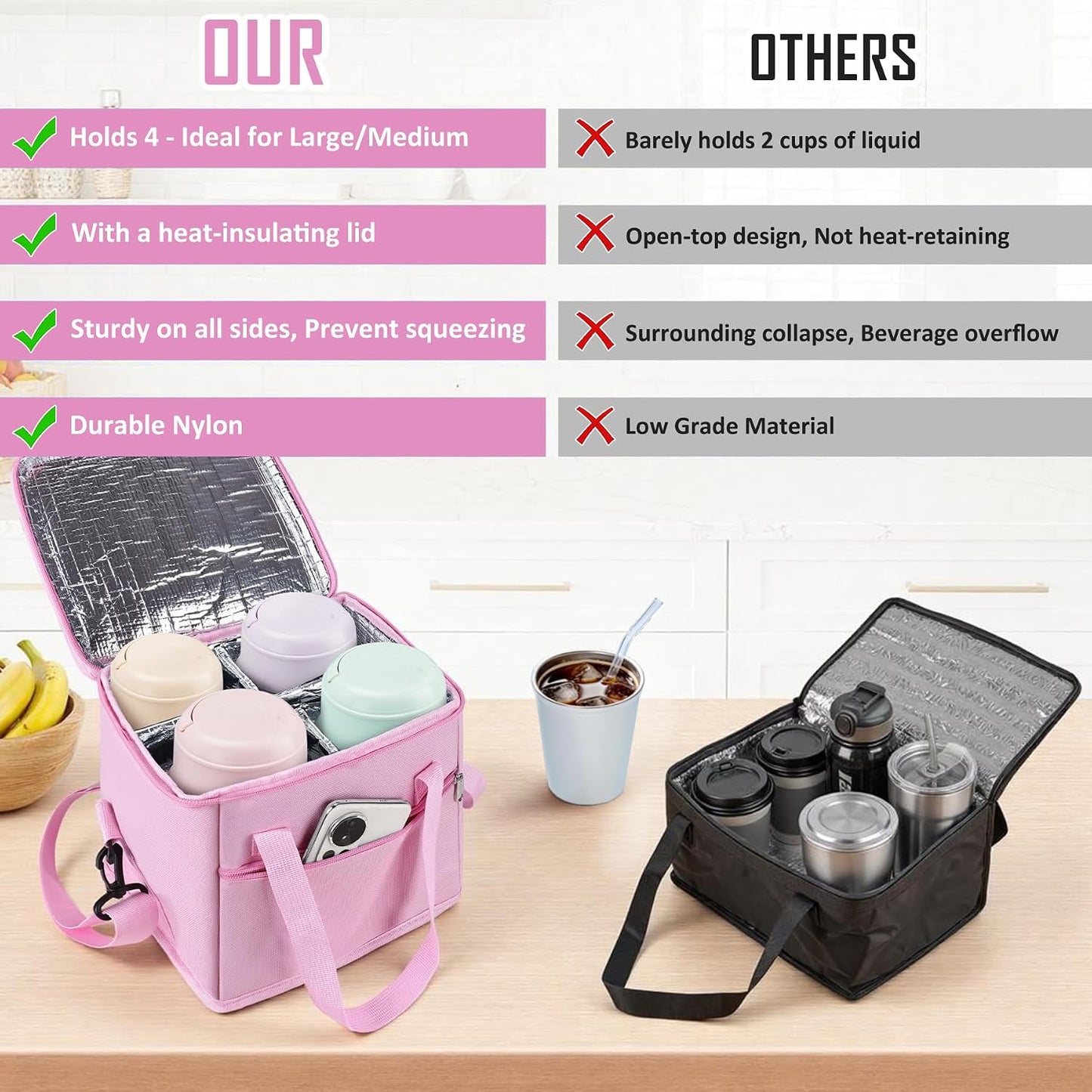 Drink Carrier with Handle for Car, 8.94"L x 8.27"W x 9.49"H, Black | Great for Car/Camping/Commuter Lunches, Customizable Anti-Tip Bottle Caddy, with Two Side Pockets
