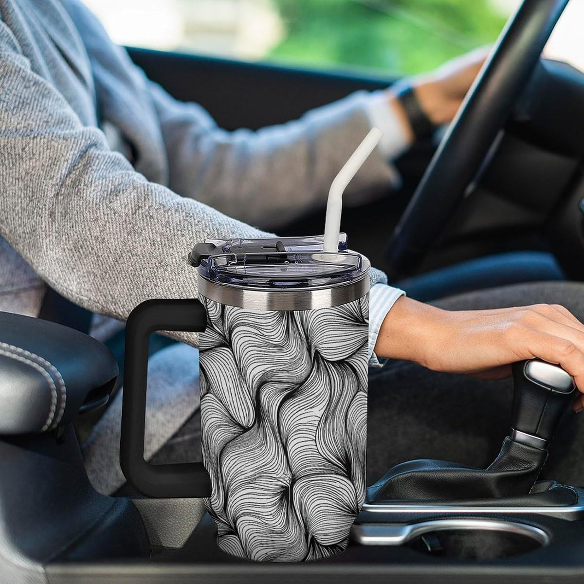 Leakproof Tumbler Vacuum Sealed Car Holder Friendly For Travel Simple Minimalist White Poppy Flower Pattern Coffee Mug Light Rose Red-style-27 - Colors B