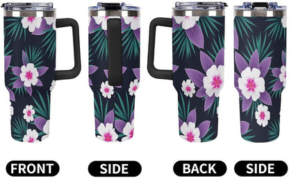 Leakproof Tumbler Vacuum Sealed Car Holder Friendly For Travel Simple Minimalist White Poppy Flower Pattern Coffee Mug Light Rose Red-style-27 - Colors B