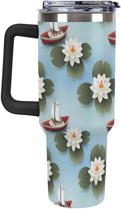 Leakproof Tumbler Vacuum Sealed Car Holder Friendly For Travel Simple Minimalist White Poppy Flower Pattern Coffee Mug Light Rose Red-style-27 - Colors B