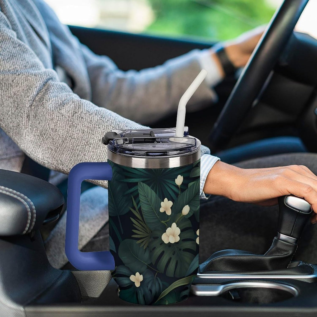 Leakproof Tumbler Vacuum Sealed Car Holder Friendly For Travel Simple Minimalist White Poppy Flower Pattern Coffee Mug Light Rose Red-style-27 - Colors B