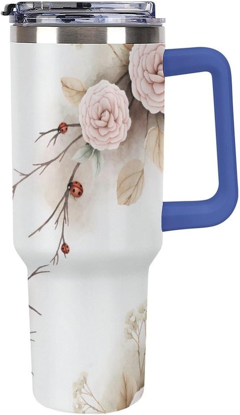Leakproof Tumbler Vacuum Sealed Car Holder Friendly For Travel Simple Minimalist White Poppy Flower Pattern Coffee Mug Light Rose Red-style-27 - Colors B
