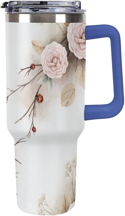 Leakproof Tumbler Vacuum Sealed Car Holder Friendly For Travel Simple Minimalist White Poppy Flower Pattern Coffee Mug Light Rose Red-style-27 - Colors B