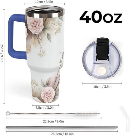 Leakproof Tumbler Vacuum Sealed Car Holder Friendly For Travel Simple Minimalist White Poppy Flower Pattern Coffee Mug Light Rose Red-style-27 - Colors B