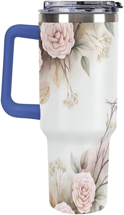 Leakproof Tumbler Vacuum Sealed Car Holder Friendly For Travel Simple Minimalist White Poppy Flower Pattern Coffee Mug Light Rose Red-style-27 - Colors B