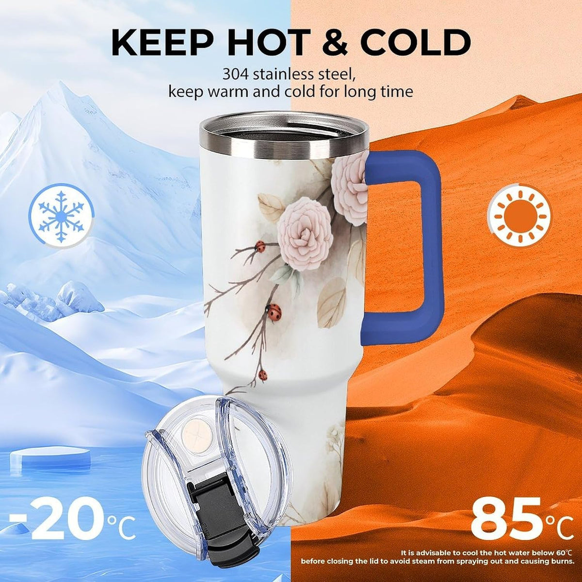 Leakproof Tumbler Vacuum Sealed Car Holder Friendly For Travel Simple Minimalist White Poppy Flower Pattern Coffee Mug Light Rose Red-style-27 - Colors B