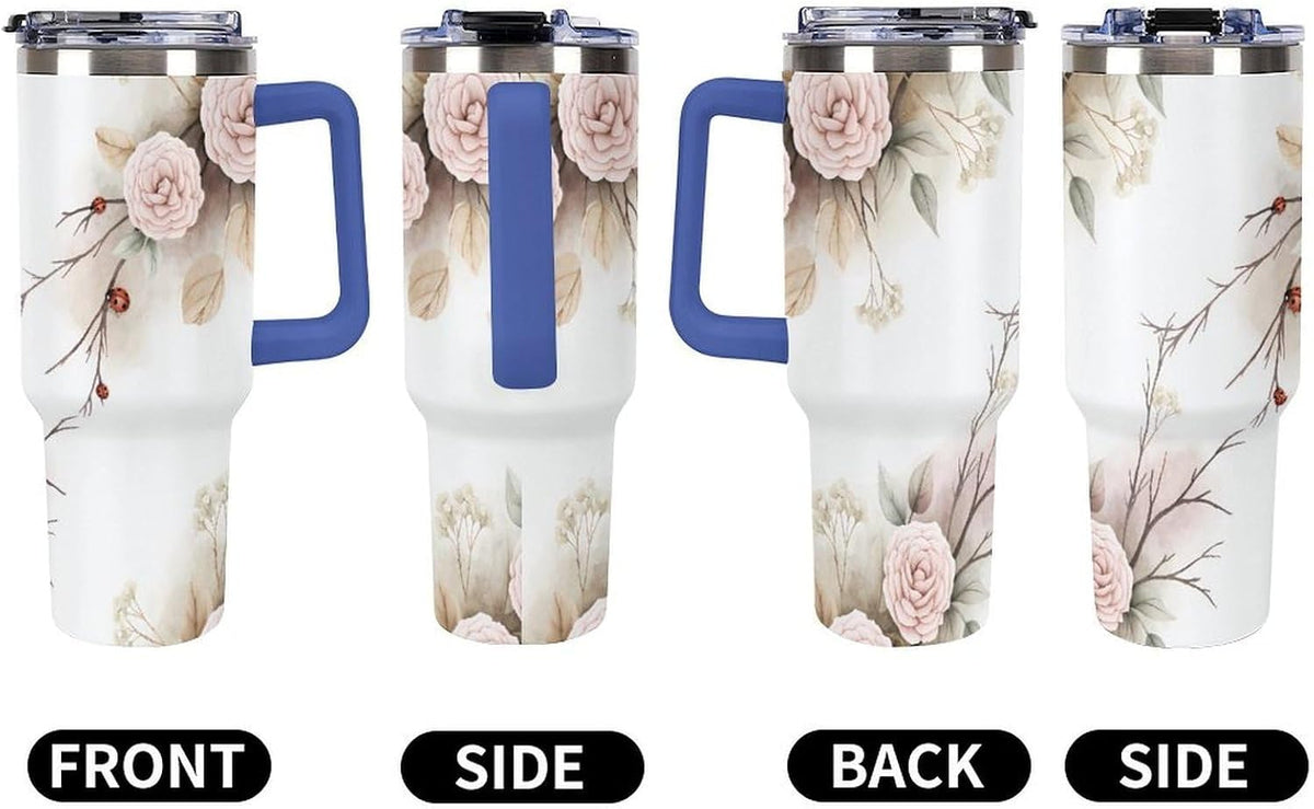 Leakproof Tumbler Vacuum Sealed Car Holder Friendly For Travel Simple Minimalist White Poppy Flower Pattern Coffee Mug Light Rose Red-style-27 - Colors B