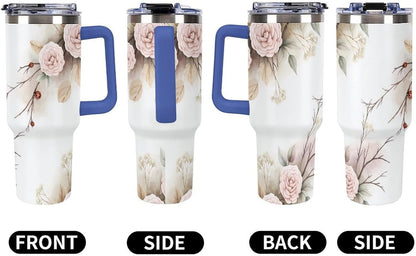 Leakproof Tumbler Vacuum Sealed Car Holder Friendly For Travel Simple Minimalist White Poppy Flower Pattern Coffee Mug Light Rose Red-style-27 - Colors B
