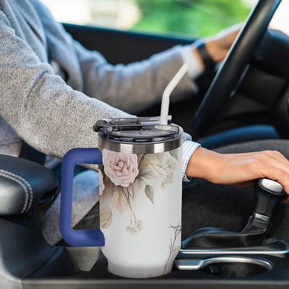 Leakproof Tumbler Vacuum Sealed Car Holder Friendly For Travel Simple Minimalist White Poppy Flower Pattern Coffee Mug Light Rose Red-style-27 - Colors B