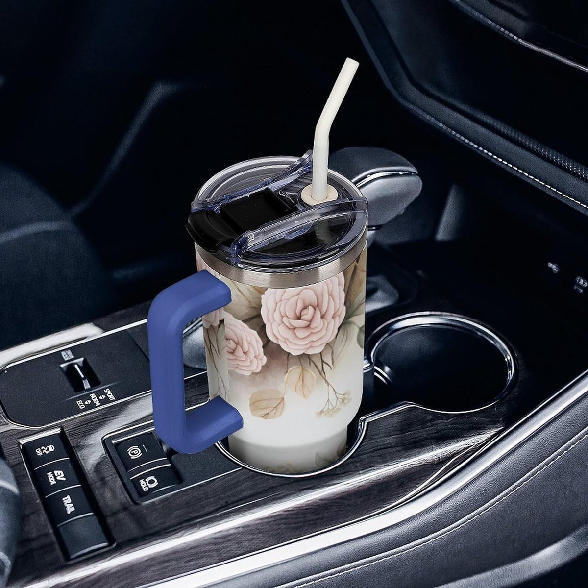 Leakproof Tumbler Vacuum Sealed Car Holder Friendly For Travel Simple Minimalist White Poppy Flower Pattern Coffee Mug Light Rose Red-style-27 - Colors B