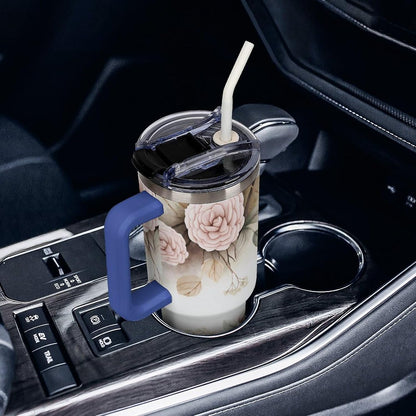 Leakproof Tumbler Vacuum Sealed Car Holder Friendly For Travel Simple Minimalist White Poppy Flower Pattern Coffee Mug Light Rose Red-style-27 - Colors B