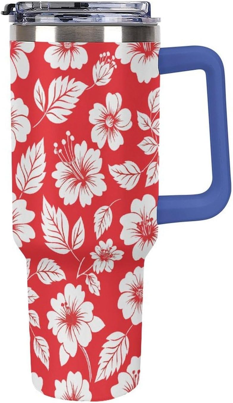 Leakproof Tumbler Vacuum Sealed Car Holder Friendly For Travel Simple Minimalist White Poppy Flower Pattern Coffee Mug Light Rose Red-style-27 - Colors B