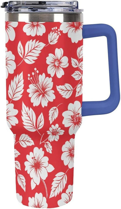 Leakproof Tumbler Vacuum Sealed Car Holder Friendly For Travel Simple Minimalist White Poppy Flower Pattern Coffee Mug Light Rose Red-style-27 - Colors B