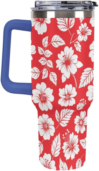 Leakproof Tumbler Vacuum Sealed Car Holder Friendly For Travel Simple Minimalist White Poppy Flower Pattern Coffee Mug Light Rose Red-style-27 - Colors B